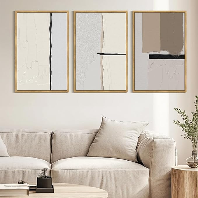 Drsoum Morden Abstract Wall Art Framed Neutral Beige Mid Century Textured Prints Minimalist Artwork Hallway Bedroom Ready to Hang 24x36in Natural Framed