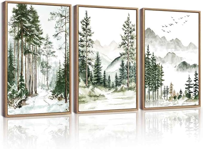 Drsoum Green Tree Forest Mountain Framed Wall Art Nature Landscape Prints Morden Wilderness Artwork Hallway Bedroom Ready to Hang 16x24in Natural Framed