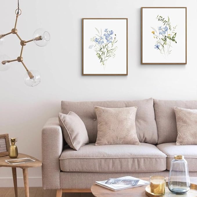 Watercolor Floral Wall Art Blue Yellow Flower Canvas Art Pints Nature Botanical Plants Painting Minimalist Wall Decor Stretched and Framed for Bedroom Bathroom Home Office Decoration - 11"x14"x2Pcs
