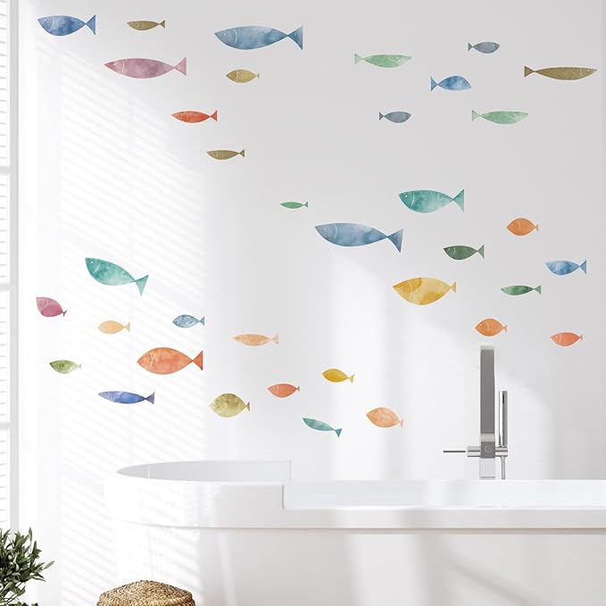 62 Pcs Watercolor Ocean Fish Wall Decals, Peel and Stick Ocean Wall Sticker, Removable Vibrant Sea Life Underwater Theme Wall Decor for Kids Room Nursery Bedroom Playroom Classroom