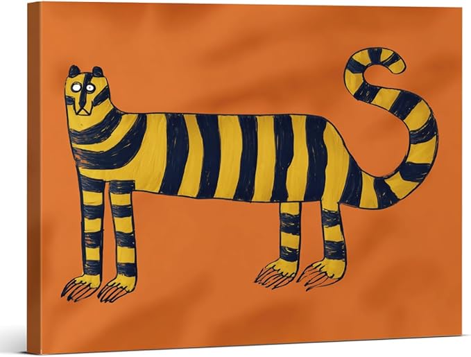 Trendy Tiger Canvas Wall Art Print Stylish Whimsical Tiger Picture Painting Artwork Orange Modern Wall Decor for Home Living Room Bedroom 8x10 Framed