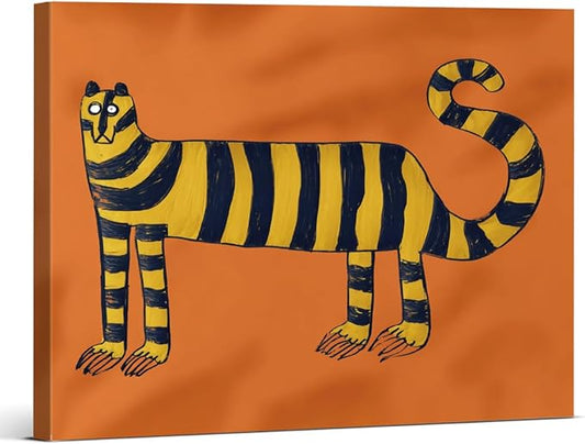 Trendy Tiger Canvas Wall Art Print Stylish Whimsical Tiger Picture Painting Artwork Orange Modern Wall Decor for Home Living Room Bedroom 8x10 Framed