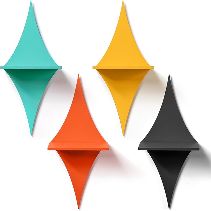 4 Pcs Mid Century Wall Decor Wooden Retro Celestial Star Shaped Burst Wall Art Mount Shelves for Aesthetic Hanging Storage Sign Decoration for Room Bedroom Party(Rhombus)