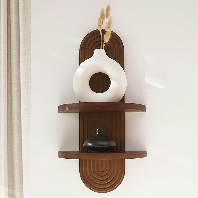 Modern Wall Shelf with Arched Wood Design Mid-Century Double Floating Rainbow Shelves for Indoor Decoration Holding Planter Ornaments, 22 x 11.6 Inch (Walnut)