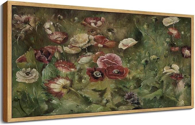 SHENIFY 20x40in Extra Large Vintage Framed Wall Art Poppies Flower Landscape Painting Retro Red Floral Scenery Farmhouse Bedroom Above of Bed Living Room Decor - Natural Framed