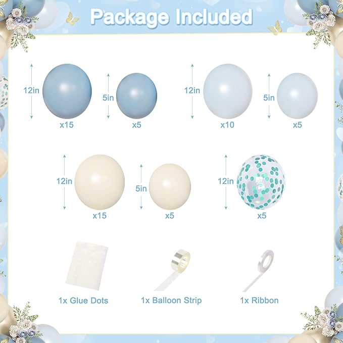 Blue Birthday Decorations, Dusty blue Sand White Confetti Foil Balloons Happy Birthday Banner Gold Butterfly Fringe Curtains, Light Blue Birthday Decorations for Boys Girls Women Men