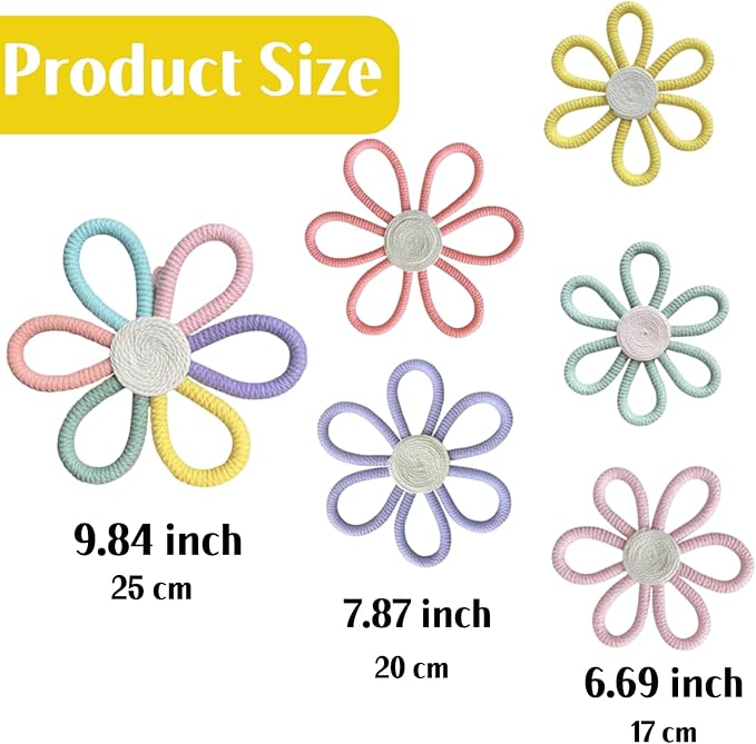 KUNHEHO Boho Wall Decor Set of 6 Daisy Flower Wall Decor Nursery Bedroom Decor Bohemian Macrame Wall Hanging Decor for Nursery Home Bedroom ((Vivid Colors)