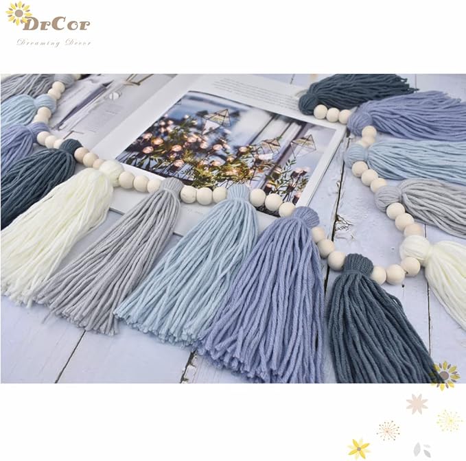 DrCor Coastal Boho Dusty Blue Tassel Garland – Handmade Yarn Banner for Nursery, Classroom, Kids Room, Baby Shower, Spring Party & Blue Boho Wall Decor