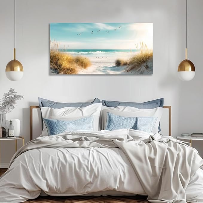 Beach Canvas Wall Art Decor Large Ocean Pictures Prints for Living Room Coastal Path Painting Seascape Artwork Beach Reeds Landscape for Bedroom Bathroom Home Office Decorations(24"×48")