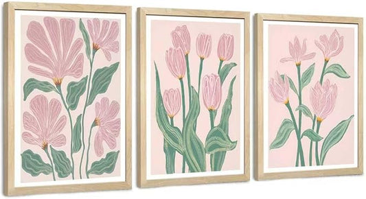 JLTULT 3 Pieces Pink Tulips Floral Wall Art, Boho Pink Green Botanical Wall Decor, Modern Abstract Flowers Paintings Art Prints for Living Room Bedroom Home Office12x16 inch Wood Framed Ready to Hang