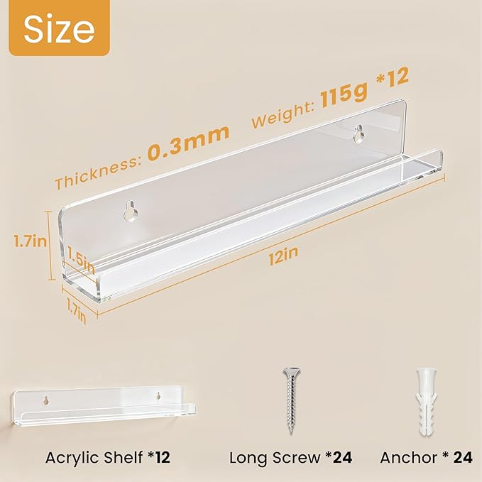 12 Pack Vinyl Record Shelf Wall Mount, 12-Inch Clear Acrylic Album Storage Holder, Floating Display Shelves for Wall Decor, Magazine Shelf, Kids Bookshelf, Suitable for Bedroom, Living Room