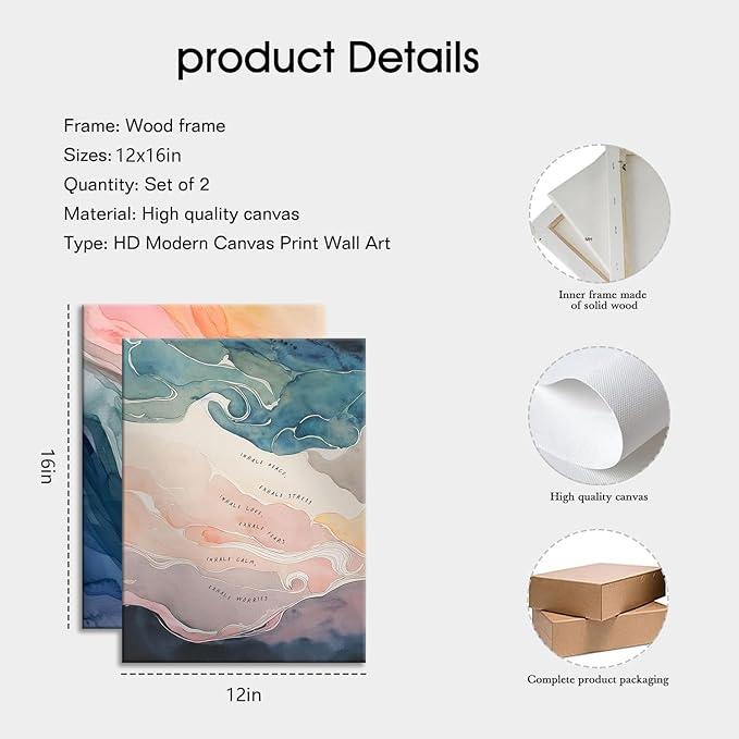 2Pcs framed Mental Health Poster Inhale Exhale Meditation Vintage Abstract Watercolor Canvas Prints Wall Art for Therapy Office Calming Corner Wall Decor 12x16 in