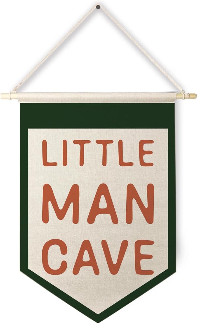 Qpenm Little Man Cave Hanging Wall Canvas Banner,Kids Room Hanging Pennant Flag Prints,Nursery Hanging Wall Canvas Banner,Nursery Wall Art Decor,Baby Boy Nursery Decor