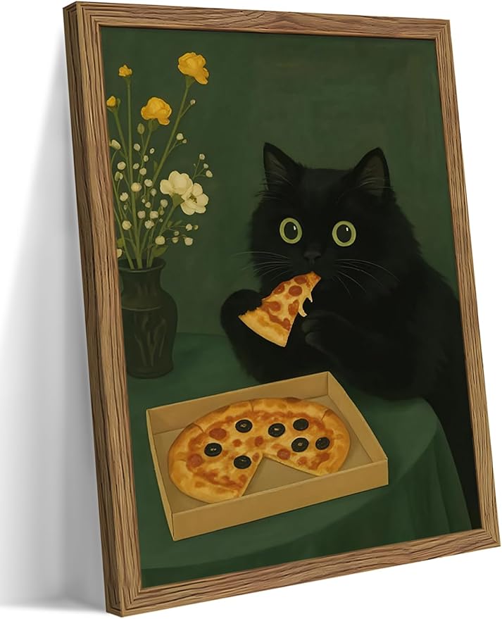 Framed Black Cat Wall Art, Cute The Cat Eating Pizza Canvas, Funny Kitchen Pictures Decor, Playful Food Lover Prints Artwork, Whimsical Animal Wall Decor for Kitchen Dining Room – 8x10 inch