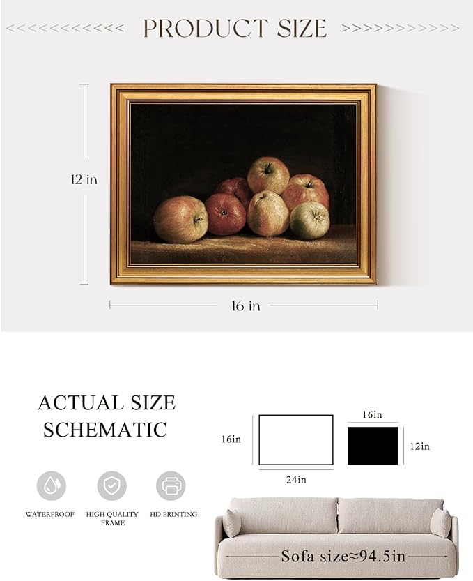 ARPEOTCY Gold Framed Canvas Art Prints,12x16inch, Retro Apple Fruit Art Painting, Classical Still Life Decor for Kitchen Dining Room Shelf, Rustic Vintage Dark Farmhouse Pictures