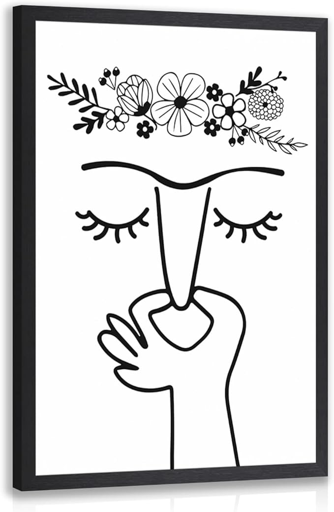 IAFWZX Wood Framed Funny Bathroom Wall Art, Black and White Humor Toilet Wall Decor, Minimalist Face Line with Flower Crown Canvas Painting, Modern Abstract Poster Print for Restroom Bedroom 8"x10"