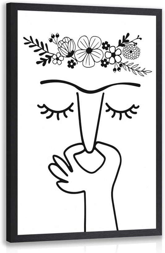 IAFWZX Wood Framed Funny Bathroom Wall Art, Black and White Humor Toilet Wall Decor, Minimalist Face Line with Flower Crown Canvas Painting, Modern Abstract Poster Print for Restroom Bedroom 12"x16"