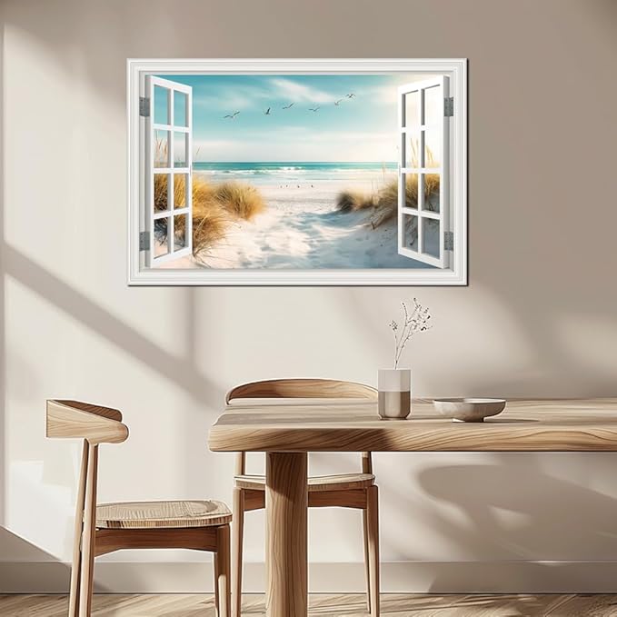 CHUSHU ART Beach Canvas Wall Decor Ocean Pictures Prints for Living Room White Window Style Path Painting Coastal Seascape Artwork Reeds Landscape for Bedroom Home Office Decorations(24"*36")