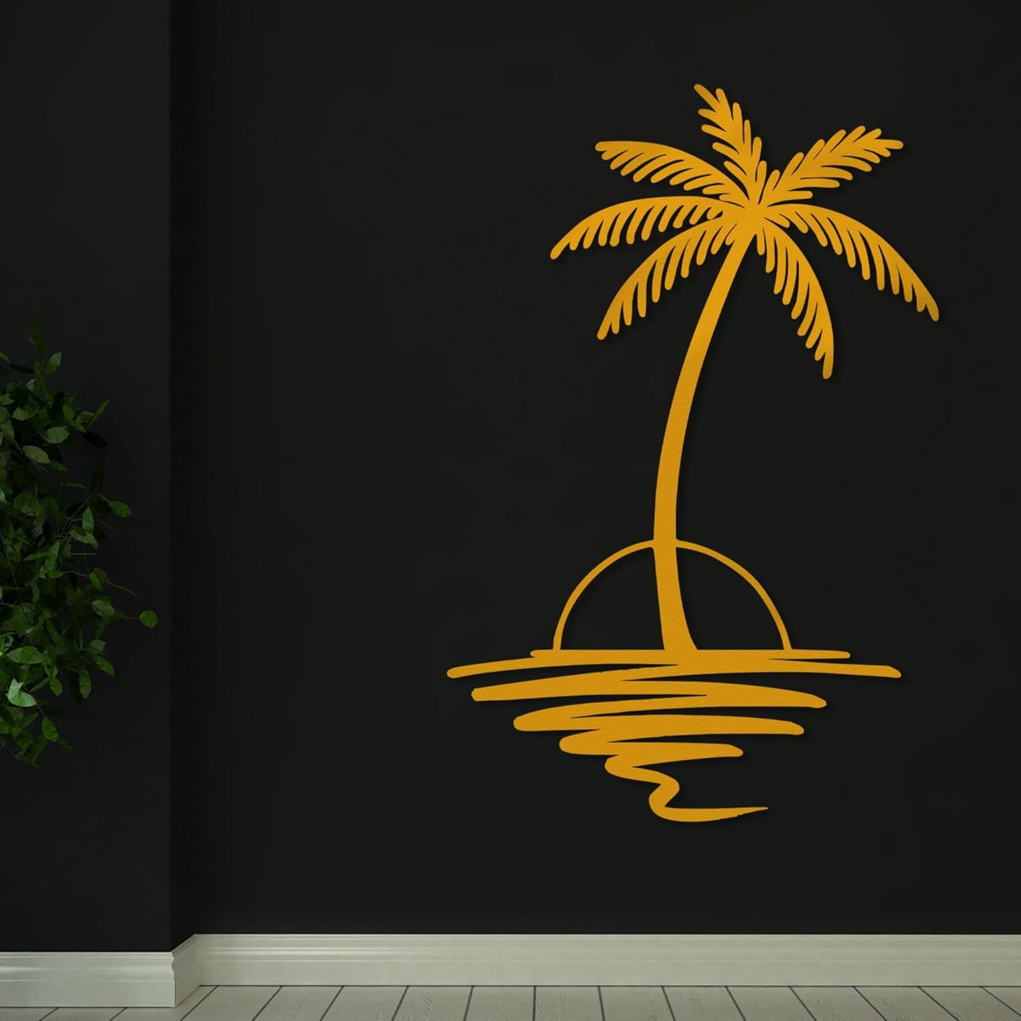 Metal Palm Tree with Sunset Wall Art, Large Outdoor Wall Decor, Tropical Beach Coastal Decor for Living Room, Bedroom, Garden Home Wall Sign, Perfect Metal Wall Art for Beach House, Coastal Theme, and Home Decoration (Gold, 24 x 19 inches)