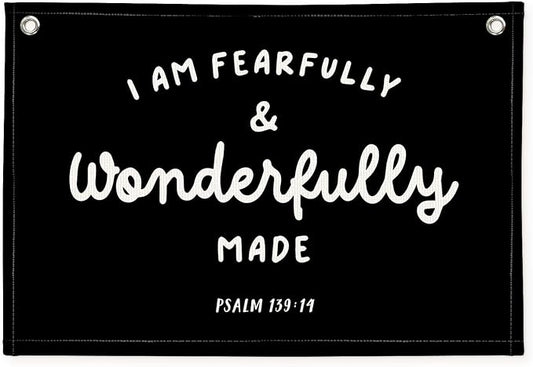 Kids Room Decor - Bible Verse Wall Hanging, 'I am Fearfully and Wonderfully Made' Linen Banner, Canvas Decoration for Classroom, Nursery - Black
