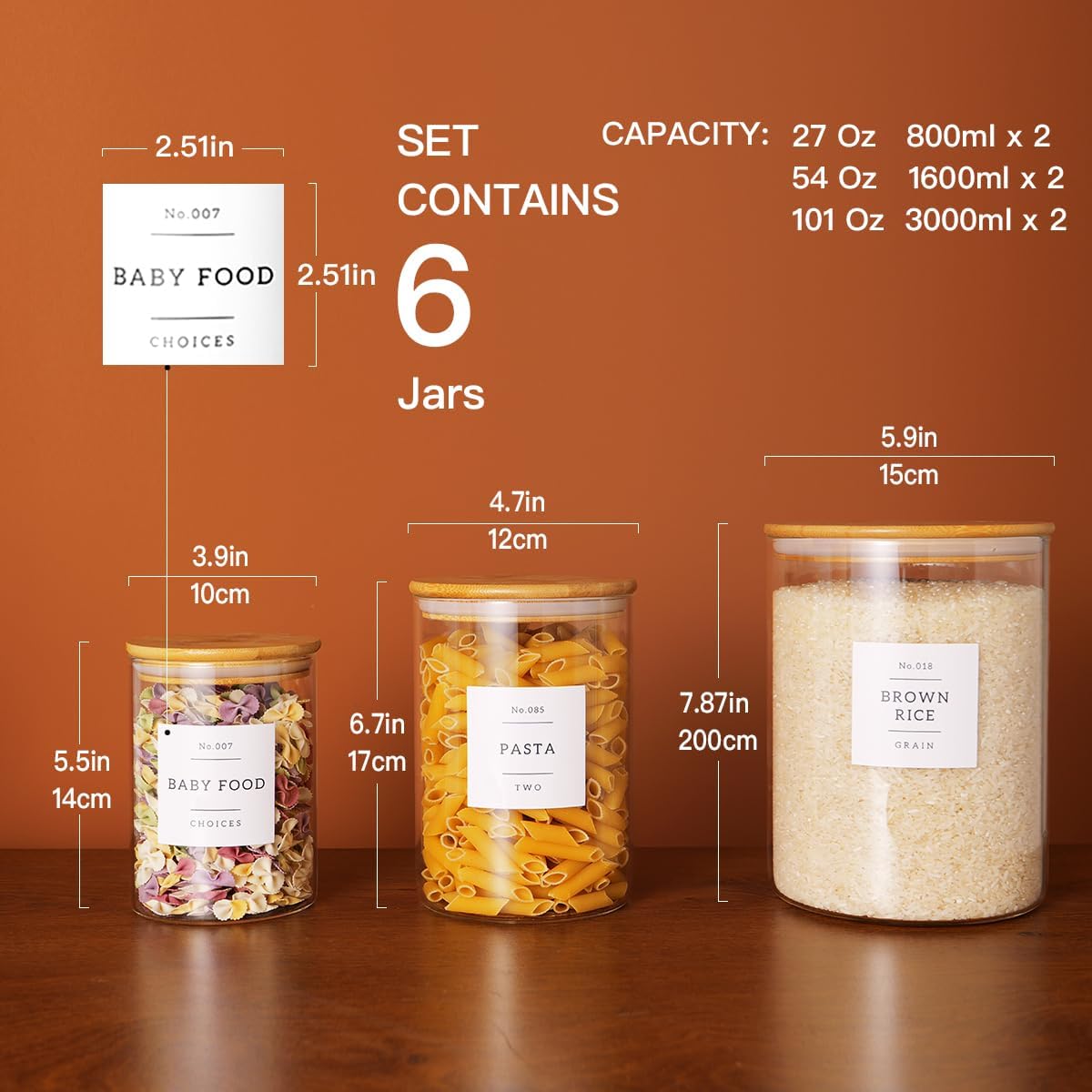 Set of 6 Glass Flour and Sugar jars with 132 Kitchen Pantry Labels - Thicken Large Glass Storage containers with Airtight Bamboo Lid - Glass Rice Canisters for Salt Coffee(100OZ/54OZ/27OZ)