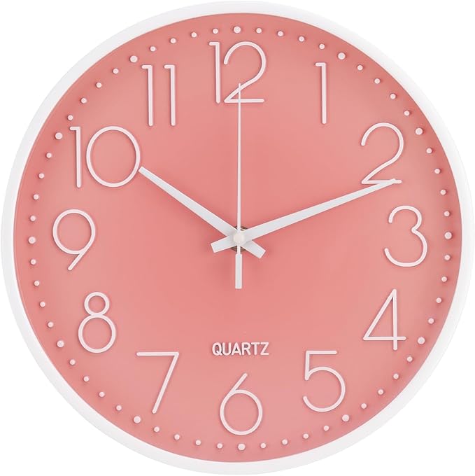 Wall Clock Non-Ticking Silent Modern Simple Style Round Decor Clock Stereoscopic Dial Quartz Wall Clocks for Home/Office/School/Living Room/Bedroom/Kitchen (Peach Pink, 12inch)