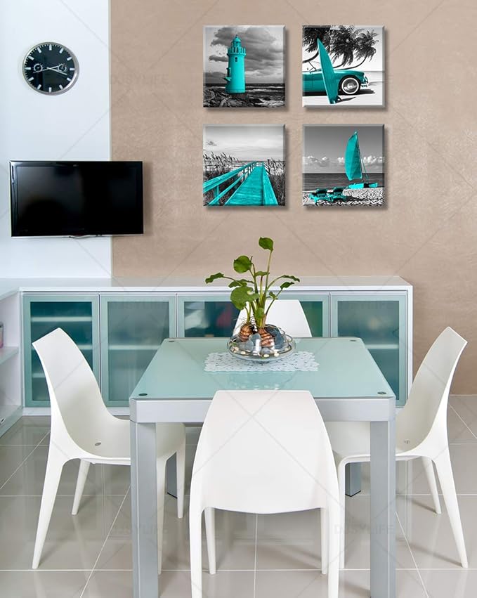 Beach Wall Art Teal Wall Decor Bathroom Decor Sets Accessories Black and White Ocean Lighthouse Painting Palm Tree Surfboard Car Bridge Picture Prints Seascape Office Bedroom Poster 12x12 inches x4