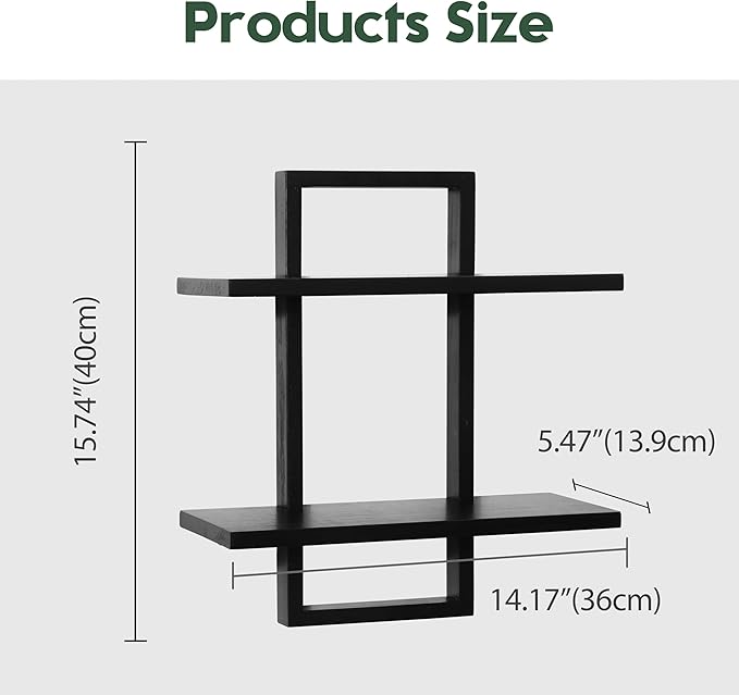 PHOENANCEE Floating Shelves for Wall,Display Hanging Shelf Set of 2,Modern Decorative Plants Shelves,Wood Home Decor Storage Chic for Living Room Bedroom Bathroom Office,Oak Frame,2-Tier Black