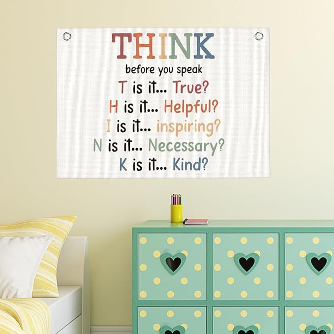 Think Before You Speak Sign, Growth Mindset Mental Wall Hanging Banner Flag Decor for Classroom Counseling Nursery Playroom