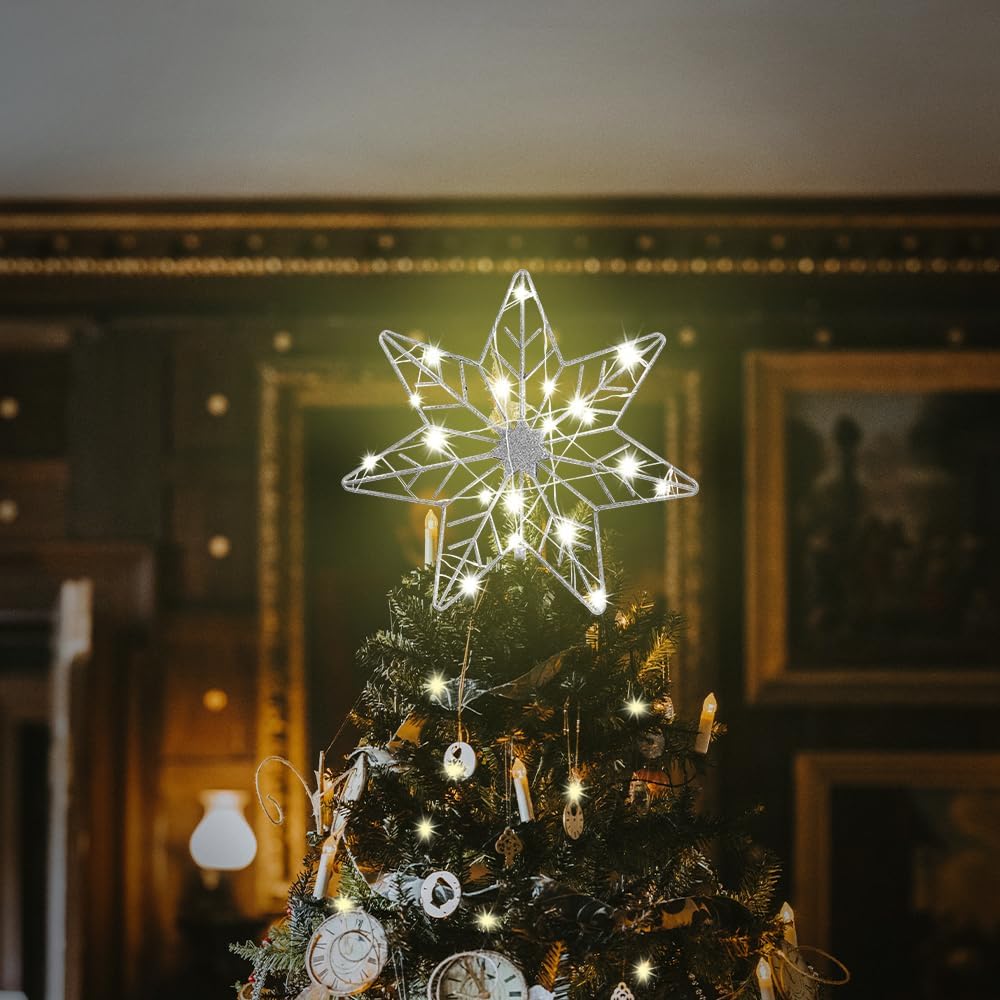 YEAHOME Christmas Tree Topper, Silver Glittered Hollow 7-Point Star Tree Topper, Lighted Wire Star with 20 LED Lights for Christmas Treetop, Xmas Tree Topper with Timer, Christmas Tree Decorations