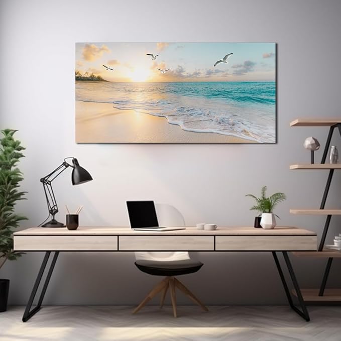 Beach Wall Art Pictures for Living Room Ocean Canvas Wall Art Decor Beach Scene Painting for Bedroom Blue Seascape Theme Art Print for Home Office Decoration Ready to Hang(24"×48")