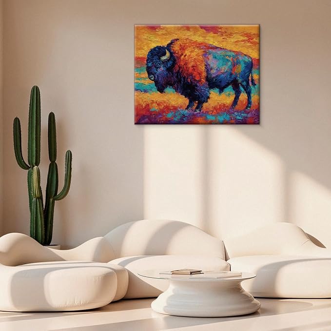 Modern Abstract Bison Wall Art Print, Vintage Vibrant Bison Painting Artwork Rustic Wall Decor for Home Farmhouse Living Room 8x10 Canvas Framed