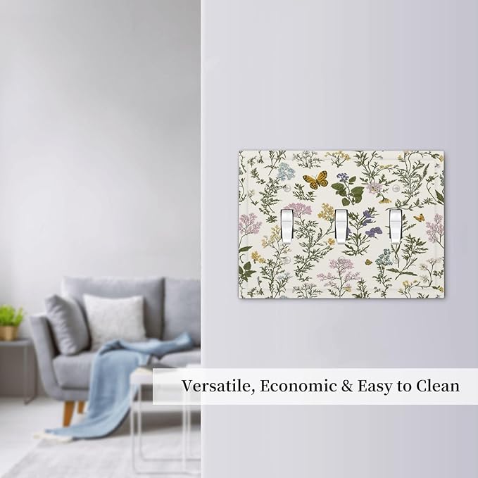 Decorative Switch Plates Vintage Colorful Flowers Butterfly Floral 3 Gang Wall Plate Triple Toggle Light Switch Cover Faceplate Electrical Wall Panels For Bed Room Living Room Decor