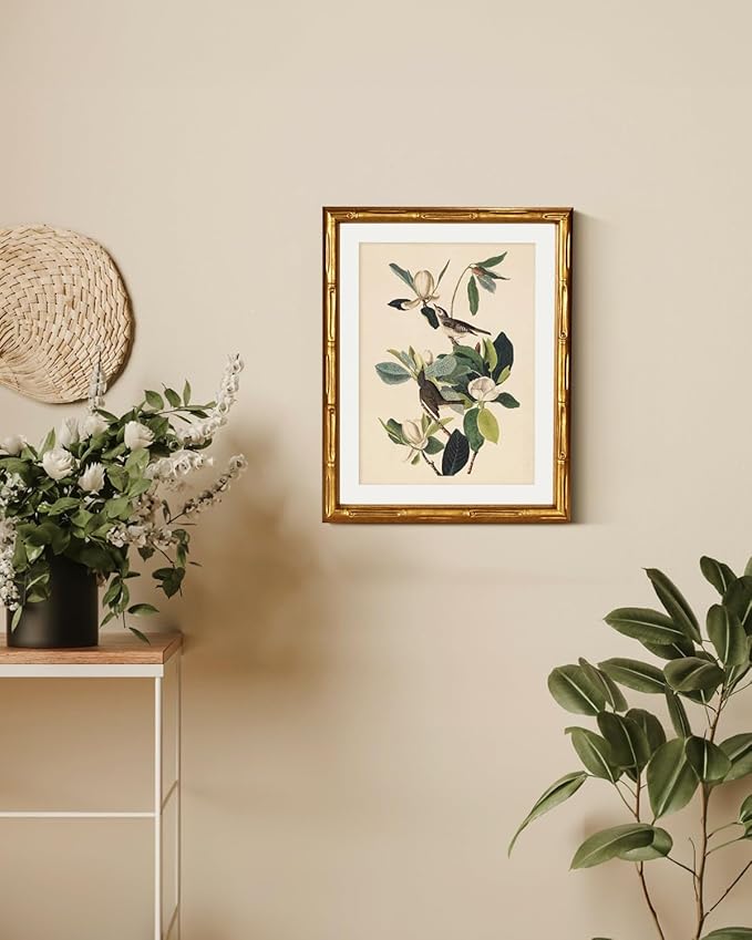 InSimSea Gold Bamboo Framed Canvas Wall Art, Neutral Bird Botanical Paintings, Antique Vintage Picture Frame with Mat, Victorian Home Wall Decor for Living Room Bedroom, 11x14inch