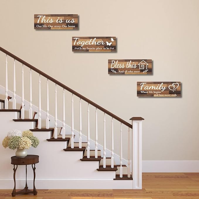 4 PCS Home Wall Decor Signs, IDATOO Rustic Wooden Living Room Hanging Decorations with Quotes THIS IS US/TOGETHER/BLESS THIS/FAMILY, Housewarming Gifts for Wedding Kitchen (Brown, 15 x 5.1 inch)
