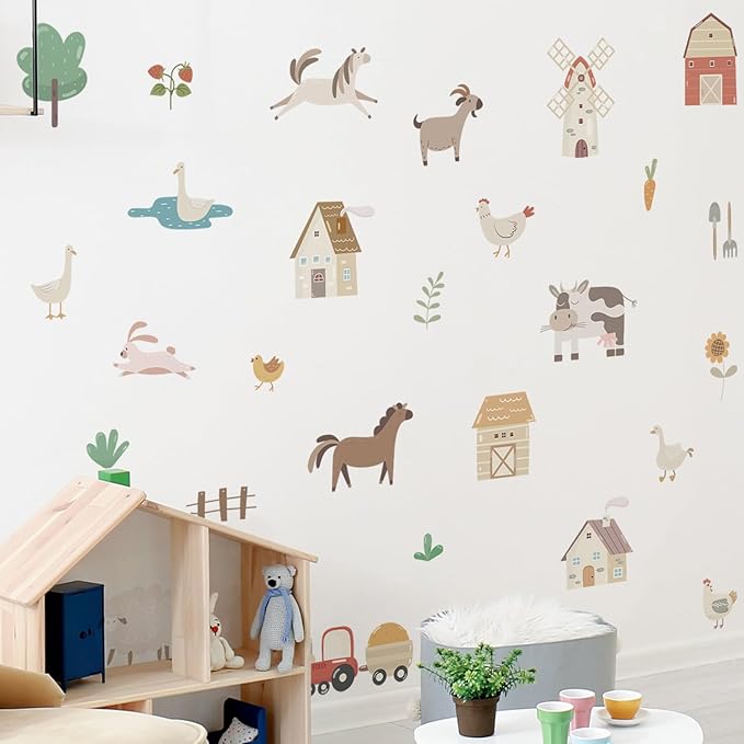 27 PCS Animal Stickers Wall Decals Peel and Stick, Farm Stickers Decor for Playroom, Boho Farm Animals