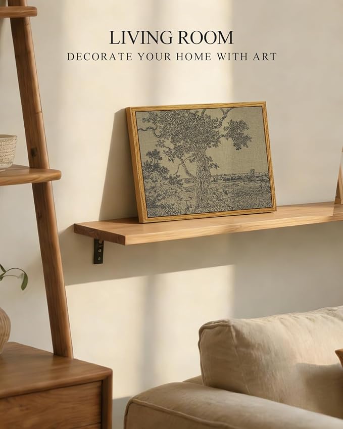 InSimSea Framed Canvas Print Art, Vintage Sketch Tree Landscape Painting, Rustic Farmhouse Cottage Decor for Hallway Wall Floating Shelf Desk Vanity Fireplace,10x8in, Neutral Tones