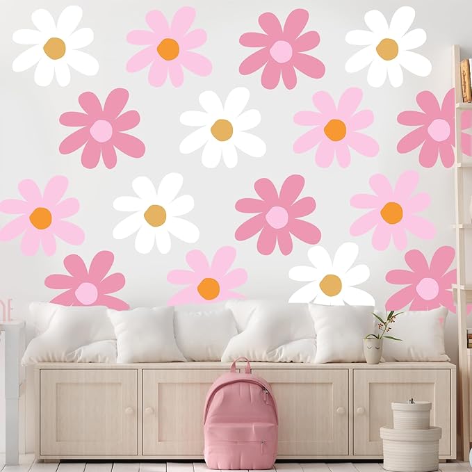 TaoBary 12 Sheet Daisy Wall Sticker Decal Removable Cute Daisy Bedroom Room Decor Flower Wall Sticker Pink White Flower Decal Wallpaper Peel and Stick for Nursery Home(Classic Color,Delicate Style)