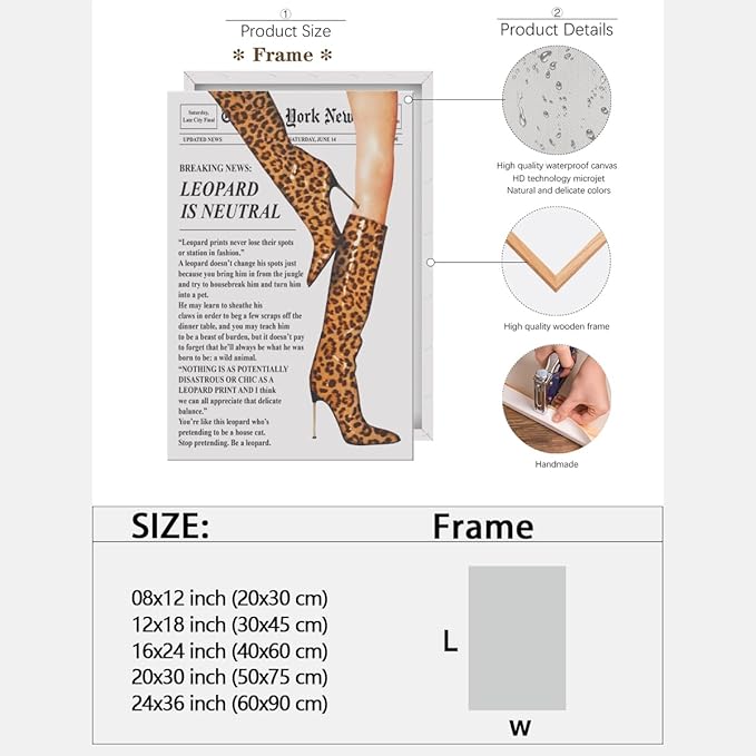 Trendy Newspaper Posters Vintage Leopard Boots Poster Feminist Canvas Prints Retro Fashion Bar Cart Magazine Cover Wall Art for Hot Girl Preppy Y2k Aesthetic Room Home Decor 12x16inch Framed