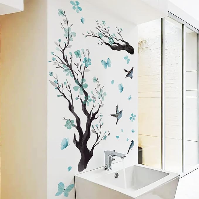 Watercolor Blue Flower Wall Stickers,Removable DIY Romantic Blossom Bird Tree Branch Wall Murals 3D Wall Art Stickers Home Decor for Gilrs Bedroom Nursery Rooms Living Room