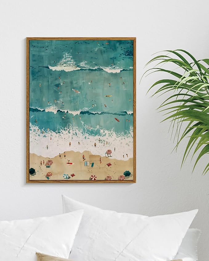 Tropical Beach Scene Framed Canvas Wall Art 12x16 Modern Coastal Ocean Wave Print, Summer Seaside Picture Beach Painting, Sea Wave View Artwork Bedroom Bathroom Home Office Decor