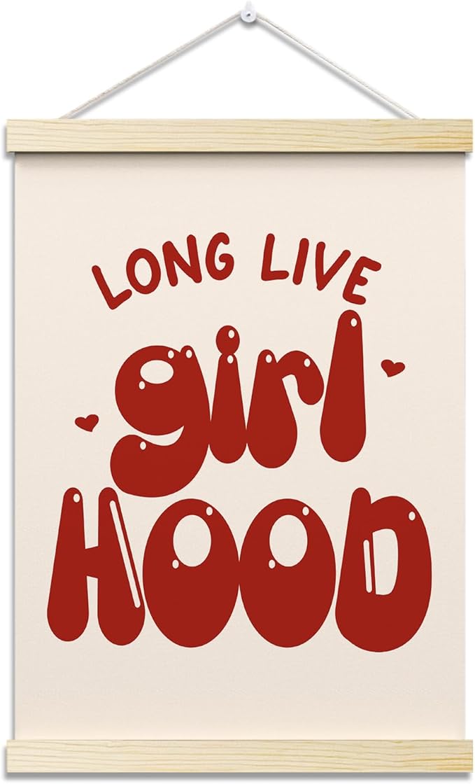 Long Live Girlhood Posters Hanger Frame for Girls Room Red Hanging Poster for Bedroom Kids Room Classroom Decor Cute Wall Art Decor for Nursery Playroom Canvas Wall Art Print 16x12 Inches - YY066