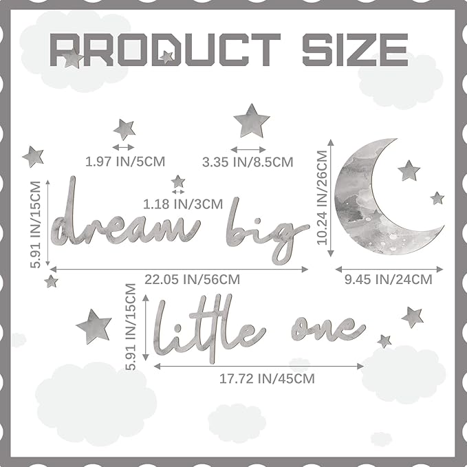 15 Pcs Moon and Stars Nursery Decor Dream Big Little One Wall Decor Boho Neutral Babyroom Wall Art Nursery Sign for Boys Girls Bedroom Home Farmhouse Living Playroom(Gray)