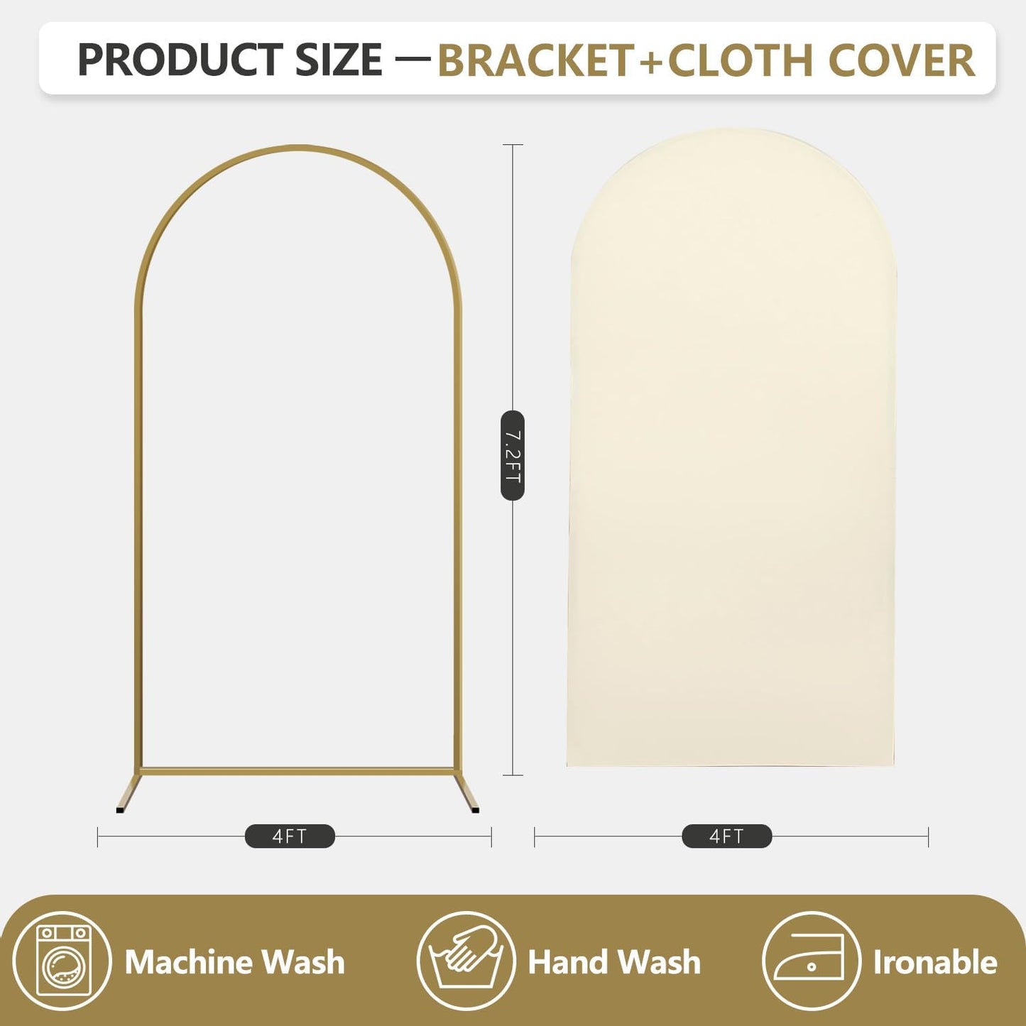 Arch Backdrop Stand and Cover Set, Metal Balloon Arch Backdrop 7.2ft, Gold Arched Stand Frame for Wedding, Parties,Birthday, Backdrop Decorations (Beige,7.2ft)
