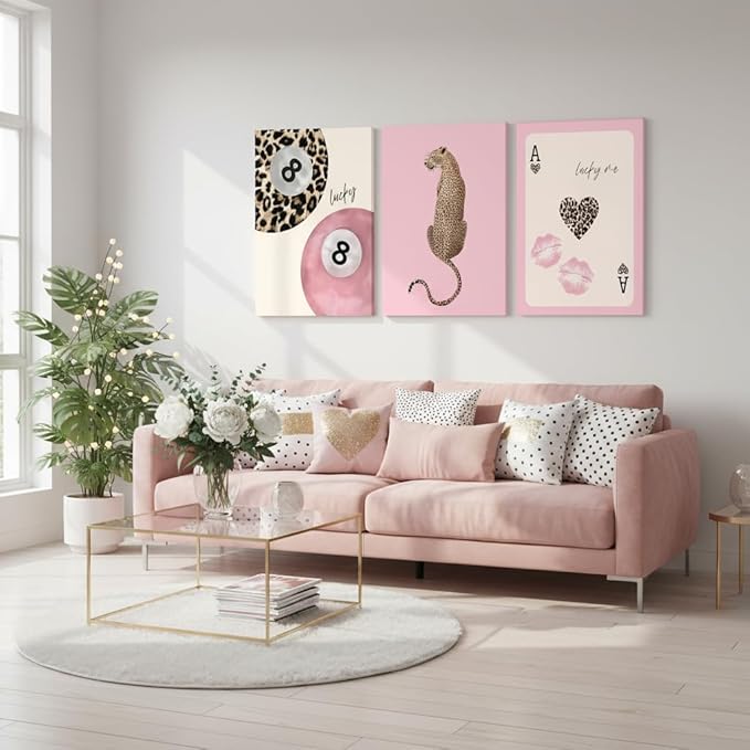 3 Pcs Trendy Pink Preppy Leopard Canvas Wall Art Lucky 8 Ball Playing Card Painting Picture Wall Decor Pink Coquette Funky Cheetah Poster Print Artwork for Girls Bedroom Living Room Apartment Home Decoration