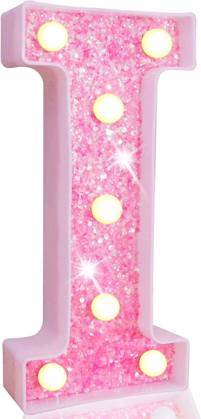Pooqla LED Marquee Letter Lights, Light Up Pink Letters Glitter Alphabet Letter Sign Battery Powered for Night Light Birthday Party Wedding Girls Gifts Home Bar Christmas Decoration, Pink I