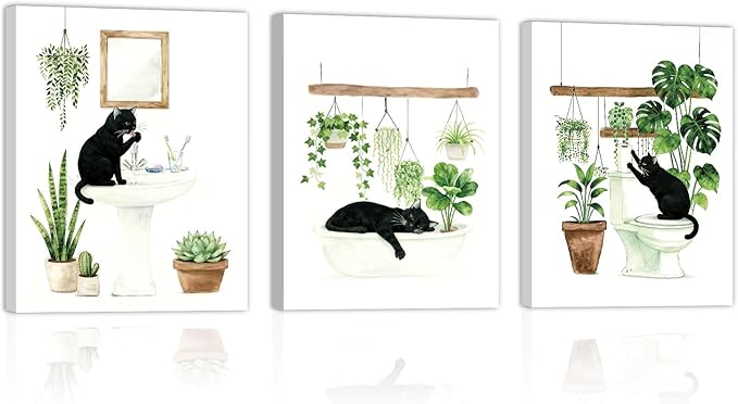 CHDITB Black Cat Bathroom Canvas Wall Art Set of 3, Funny Cat Watercolor Painting, Botanical Cats Wall Decor, Boho Plants Poster, Cute Kitten Art Prints For Restroom Laundry Room Decor(12X16 Inch)