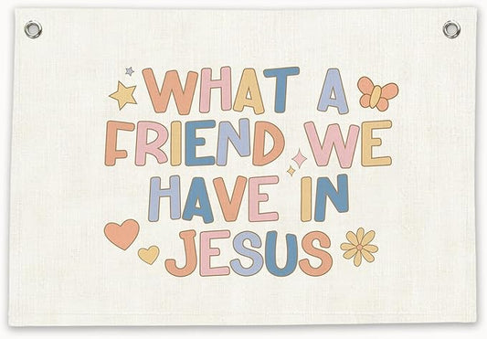 RTXLEZM Kids Room Decor, What a Friend We Have Jesus Pastel Bible Verses Canvas Banner Wall Hanging,Religious Wall Banner Decor for Kids Boys Girls Bedroom Room Playroom, 20x30 Inch