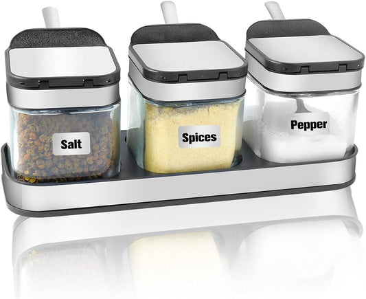 XIUDI Condiment Seal Jar Spice Container with Lids and Spoons，Clear Glass Condiment Canisters Pots Seasoning Box Salt Container Sugar Bowl Set of .Used in Kitchen, Coffee Table,Set of 3