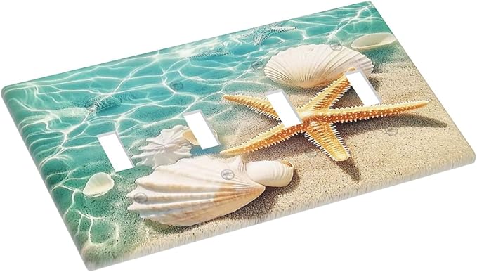 Light Switch Covers Sea Shells And Star Fish In Ocean Beach Quad Toggle Electrical Faceplate 4 Gang Wall Plate Decorative Switch Plates For Bathroom Home Decor